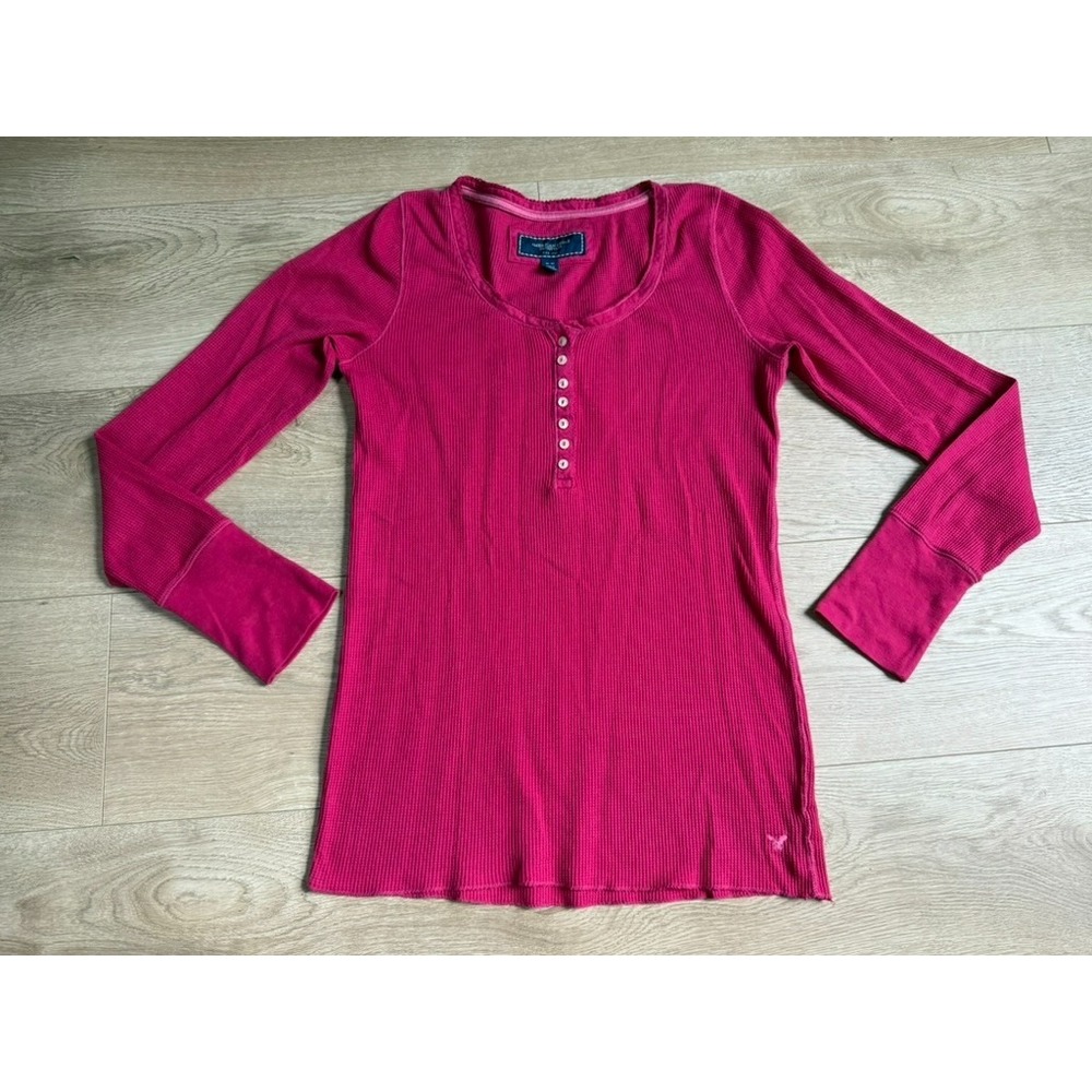 EUC Womens American Eagle y2k vintage henley thermal pink stretch size M